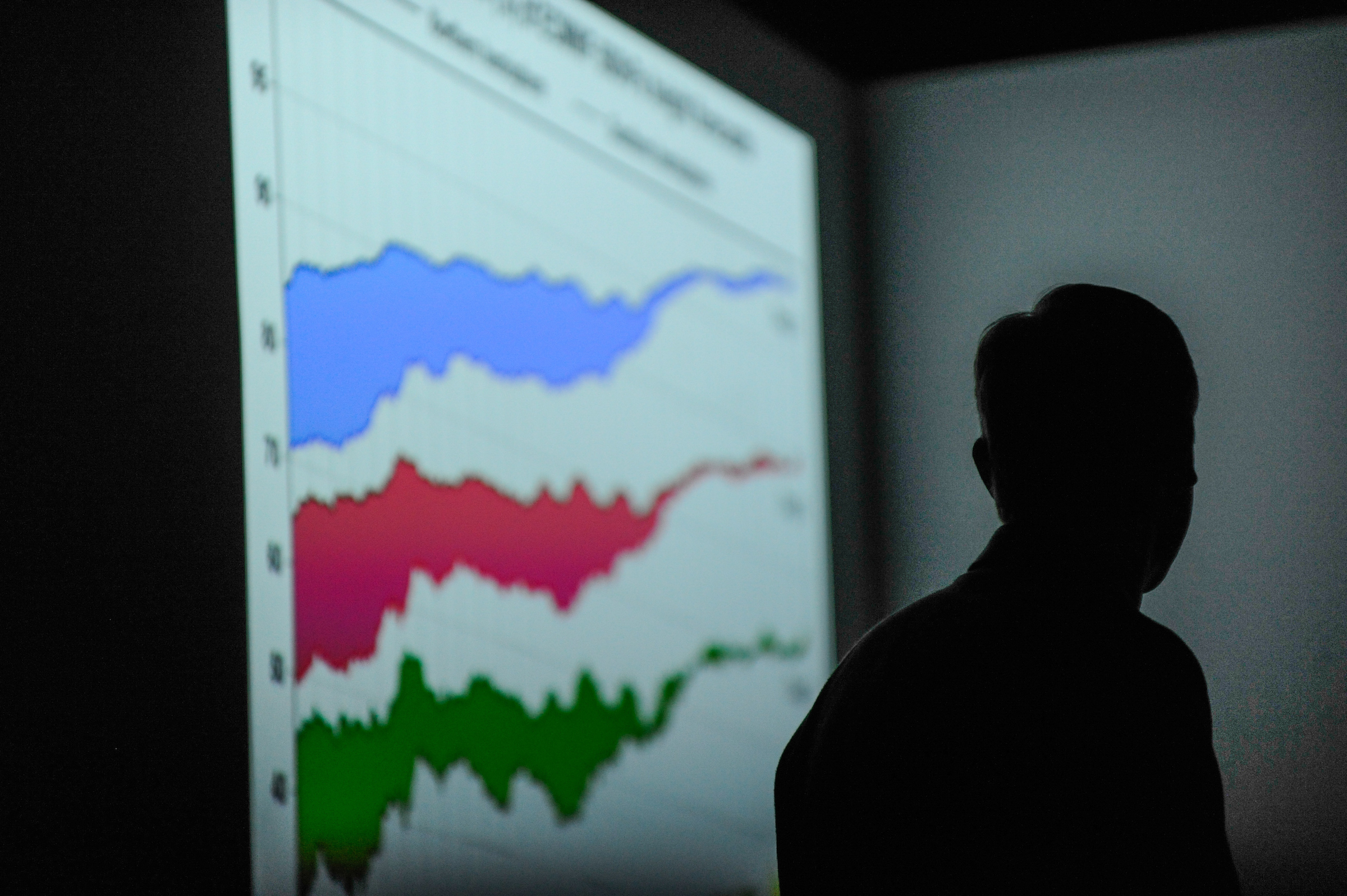 Researcher standing in front of their highlighted slide showing a graph with 3 differently color trends.